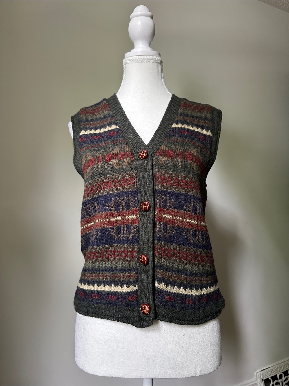 L'EQUIPE Vintage 100% Wool Geometric Print Academia Preppy Sweater Vest Small
